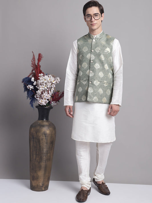 Jompers Men's Green Printed Nehru Jacket With Solid Kurta Pyjama