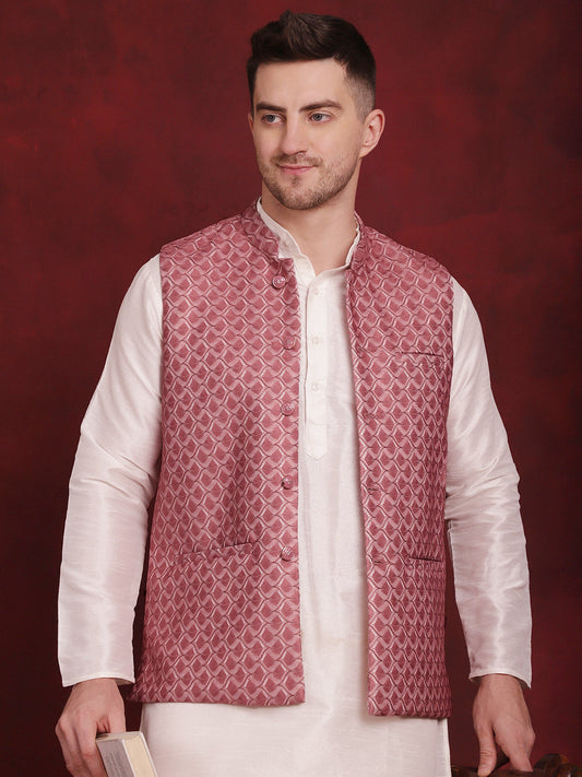 Jompers Men's Coral Woven Design Nehru Jacket With Kurta Pyjama Set