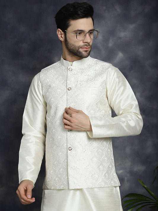 Jompers Men's Sequins and Embroidred Nehru Jacket With Solid Kurta Pyjama - White