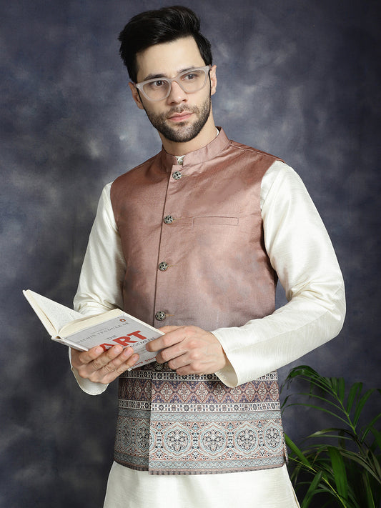 Jompers Men's Printed Nehru Jacket With Solid Kurta Pyjama - Brown
