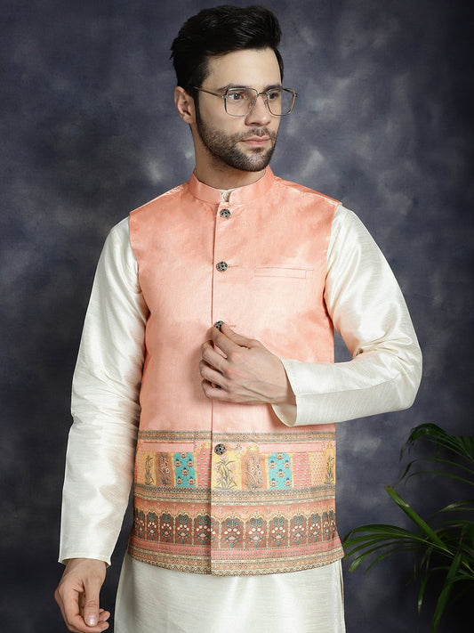 Jompers Men's Printed Nehru Jacket With Solid Kurta Pyjama - Peach