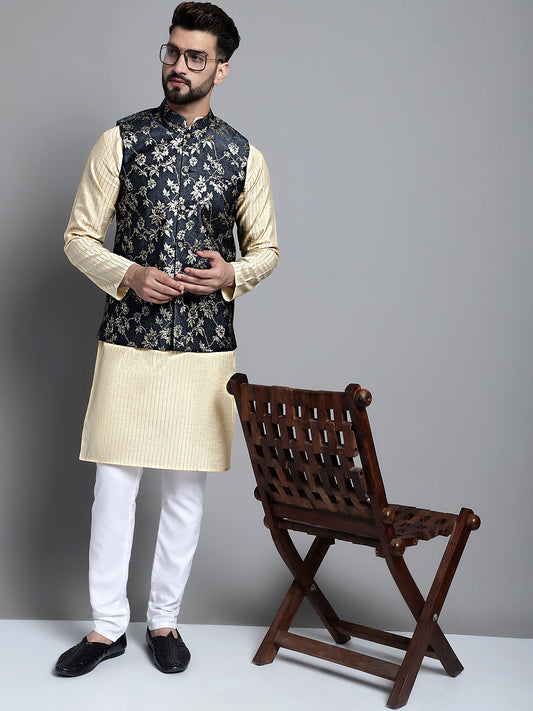 Jompers Men's Beige Embroidered Kurta Pyjama With Woven Design Nehru Jacket