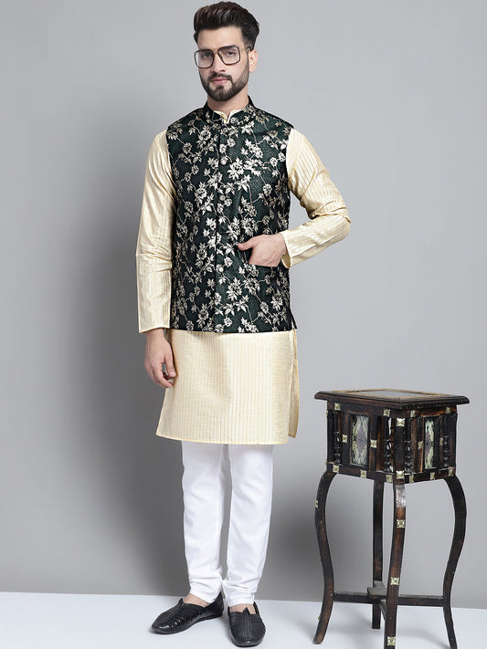 Jompers Men's Beige Embroidered Kurta Pyjama With Woven Design Nehru Jacket