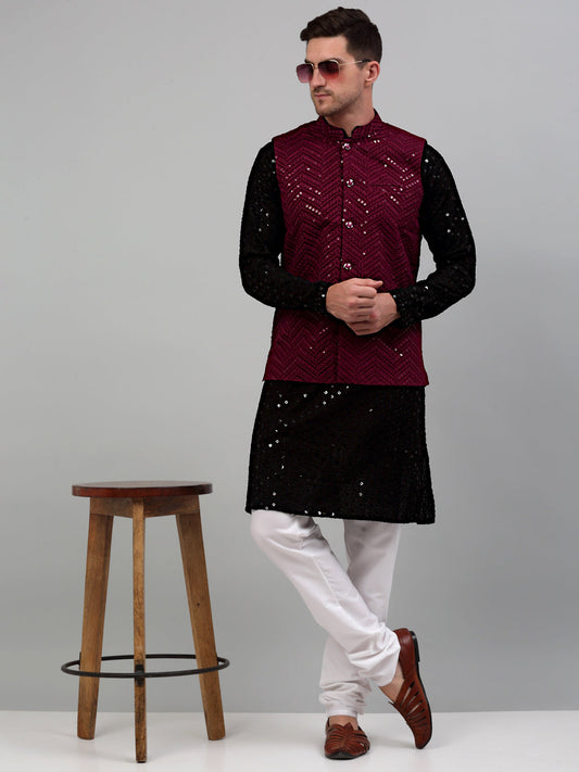 Jompers Men's Sequin and Embroidered Nehru Jacket With Kurta Pyjama - Purple