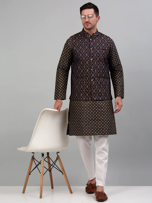 Jompers Men's Woven Design Nehru Jacket with Printed Kurta Pyjama Set - Brown