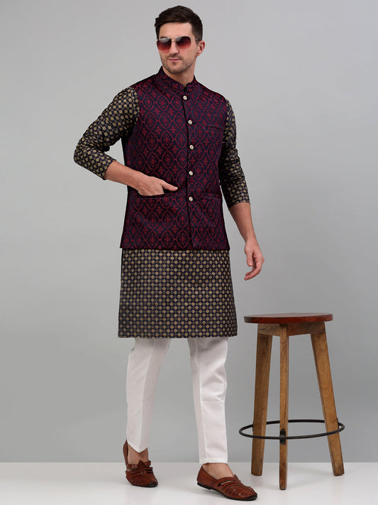 Jompers Men's Woven Design Nehru Jacket with Printed Kurta Pyjama Set - Maroon