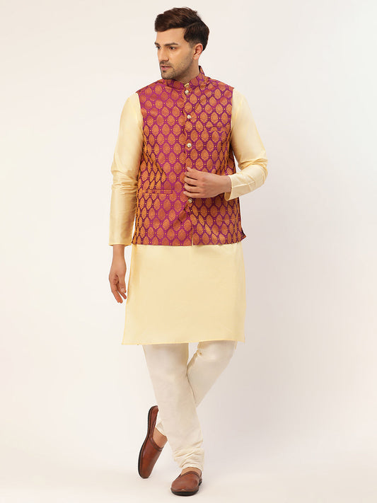 Jompers Men's Woven Design Nehru Jacket and Kurta Pyjama Set - Pink