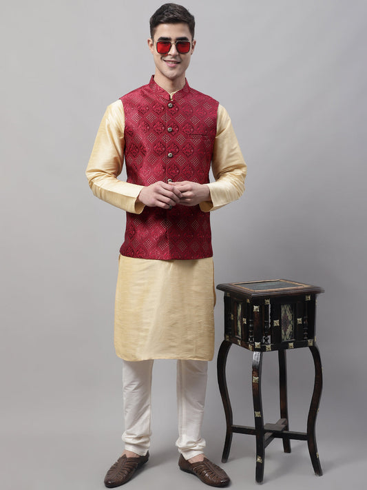 Jompers Men's Golden Solid Kurta Pyjama with Maroon Woven Design Nehru Jacket