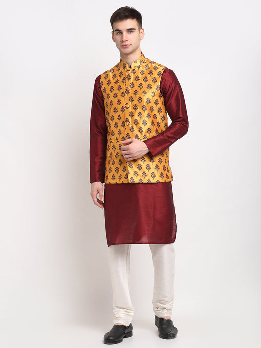 Jompers Men's Maroon Dupion Silk Kurta with Churidar& Nehru Jacket(Yellow)