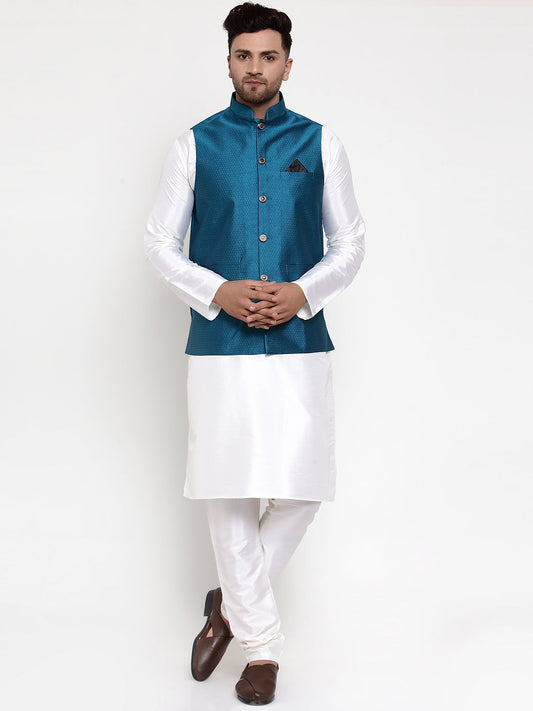 Jompers Men's Solid Dupion Kurta Pajama with Woven Nehru Jacket (Blue)