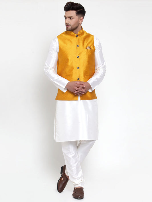 Jompers Men Solid Dupion Kurta Pajama with Woven Nehru Jacket (Yellow)
