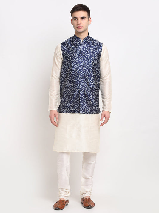 Jompers Men's Off-white Dupion Silk Kurta with Churidar&Nehru Jacket(Blue)