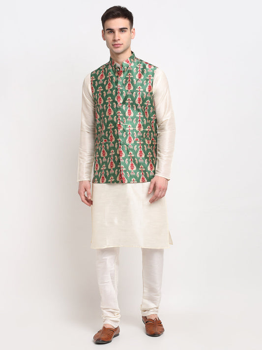 Jompers Men's Off-white Dupion Silk Kurta with Churidar & Nehru Jacket (Green)