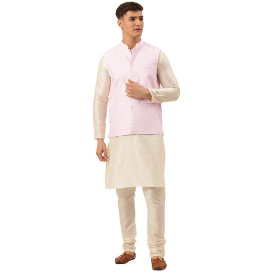Jompers Men's Woven Design Nehru Jacket and Kurta Pyjama Set - Pink