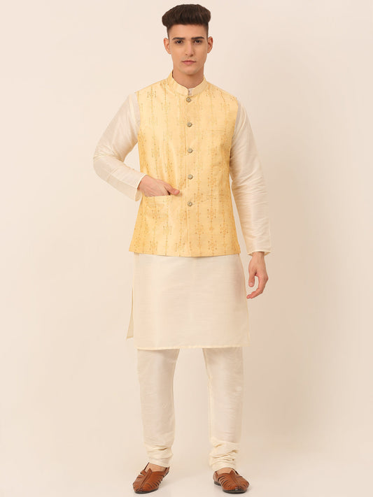 Jompers Men's Solid Dupion Silk Kurta Pyjama With Embroidered Nehru Jacket - Golden