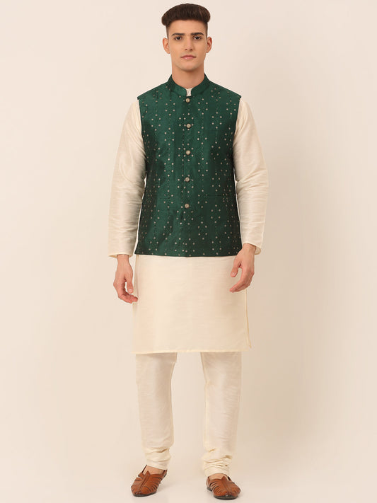 Jompers Men's Solid Dupion Silk Kurta Pyjama With Embroidered Nehru Jacket - Green