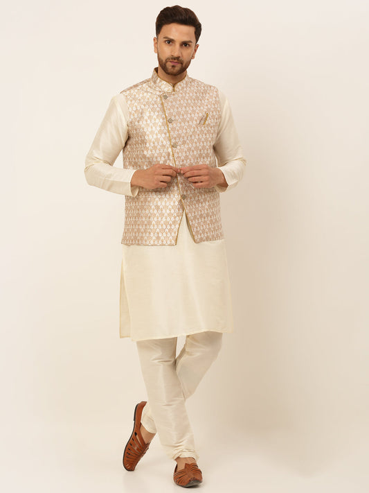 Jompers Men's Solid Kurta Pyjama With Nehru Jacket - Silver