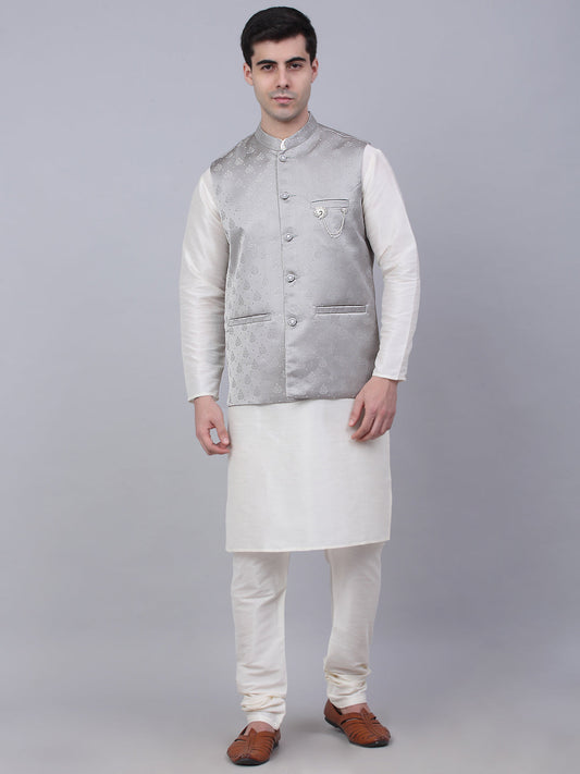 Jompers Men's Solid Kurta Pyjama With Woven Design Nehru Jacket - Grey