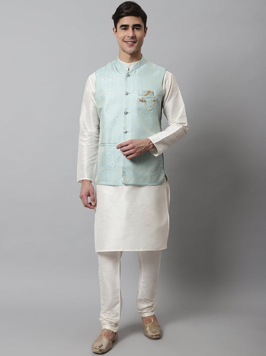 Jompers Men's Off White Solid Kurta Pyjama with Sky Blue Woven Design Nehru Jacket