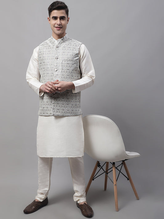 Jompers Men's off-White Solid Kurta Pyjama with Grey Woven Design Nehru Jacket