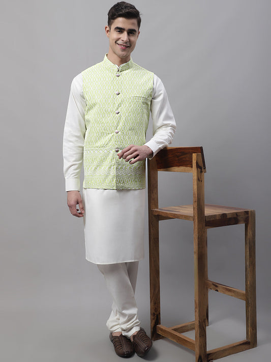 Jompers Men's off-White Solid Kurta Pyjama with Green Embroidered Nehru Jacket