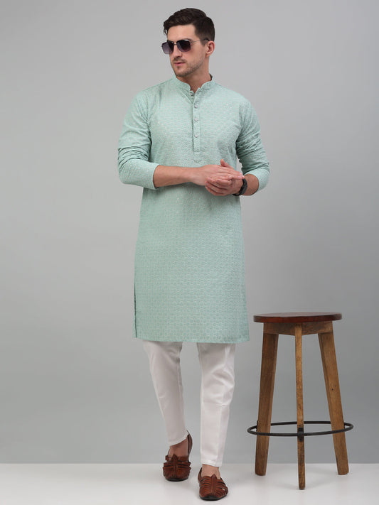 Jompers Men's Green Chikankari Embroidered and Sequence Kurta with Pyjama