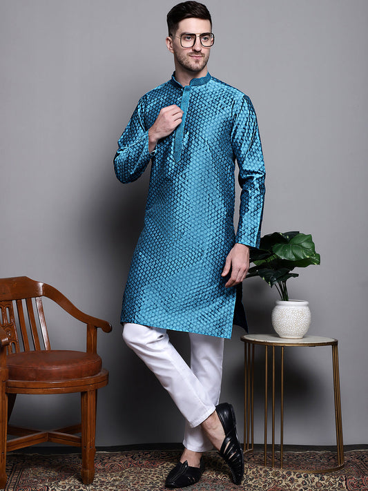 Jompers Men's Woven Design Kurta with Pyjamas - Peacock