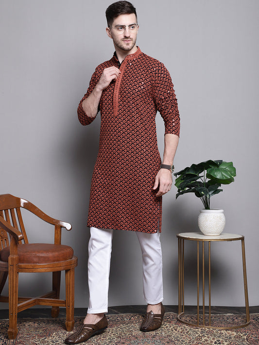 Jompers Men's Sequin Embroidered Pure Cotton Kurta with Pyjamas - Orange
