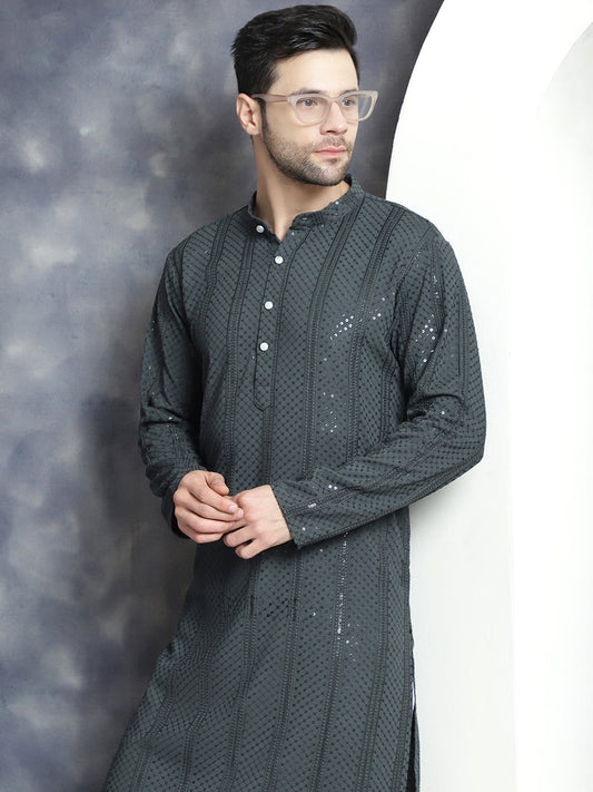 Jompers Men's Sequins Chikankari Embroidered Kurta with Pyjama - Grey