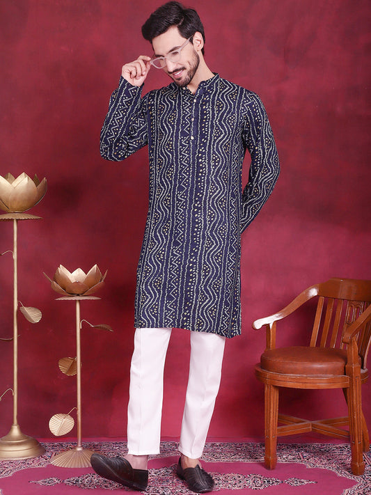 Jompers Men's Bandhani Printed Kurta with Pyjama - Navy Blue