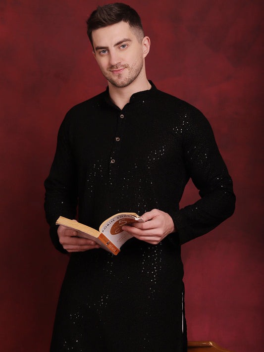Jompers Men's Sequins Chikankari Kurta with Pyjama - Black