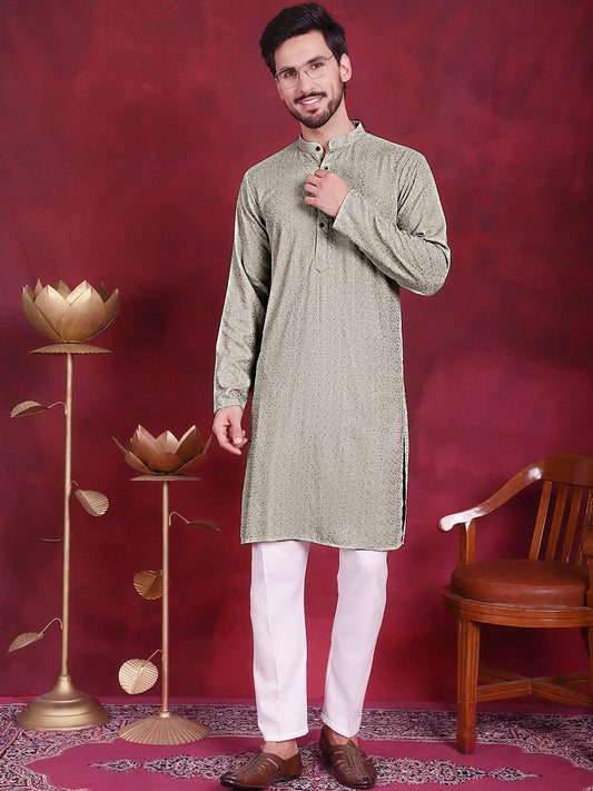 Jompers Men's Sequins Chikankari Kurta with Pyjama - Pista