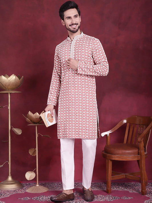 Jompers Men's Sequins Embroidered Kurta with Pyjama - Peach