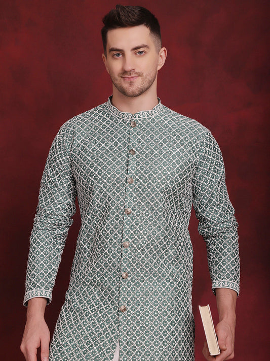 Jompers Men's Sequin Chikankari Front Open Kurta With Pyjamas - Green
