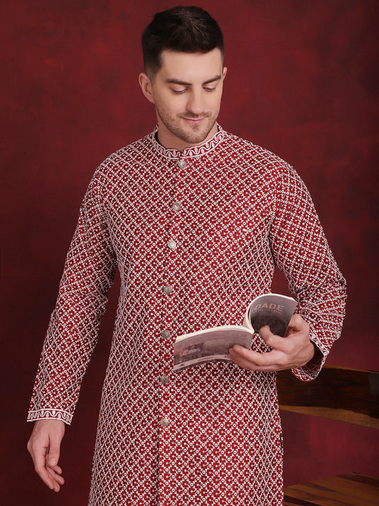 Jompers Men's Sequin Chikankari Front Open Kurta With Pyjamas - Maroon
