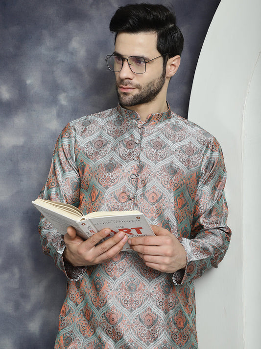 Jompers Men's Silver Silk Blend Straight Kurta Pyjama Set