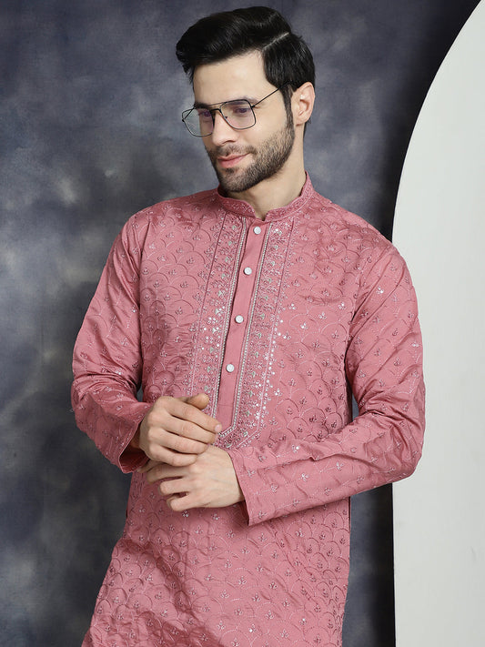 Jompers Men's Sequins Embroidered Kurta With Pyjama - Coral