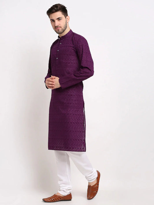 Jompers Men's Purple Chikan Kurta with Churidar
