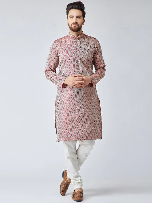Jompers Men's Maroon & Off-White Self Design Kurta with Churidar