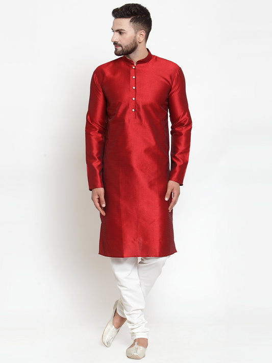 Jompers Men Maroon & White Self Design Kurta with Churidar