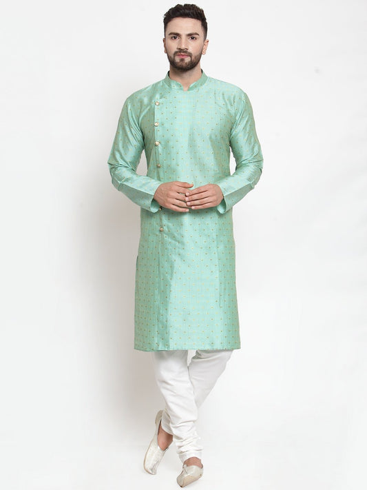 Jompers Men Sky-Blue & Golden Self Design Kurta with Churidar
