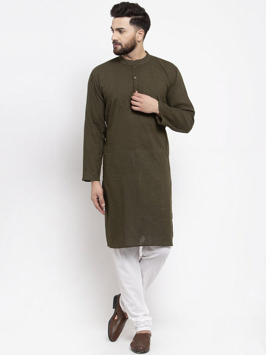Jompers Men Olive-Green & White Solid Pin-tucks Kurta Only
