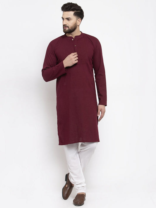 Jompers Men Purple & White Solid Pin-tucks Kurta with Churidar