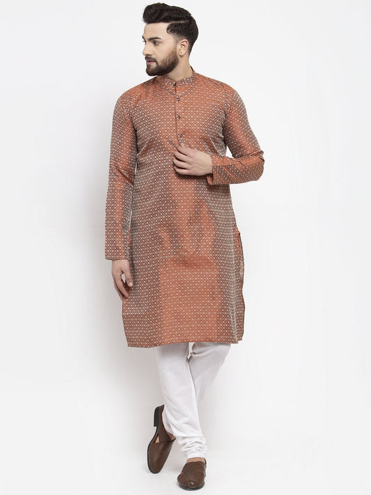 Jompers Men Orange & White Woven Design Kurta with Churidar