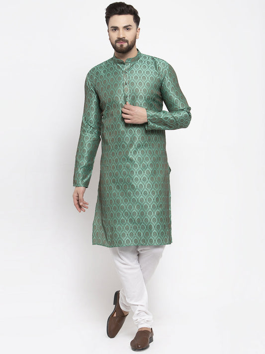 Jompers Men Green & Grey Jacquard Kurta with Churidar