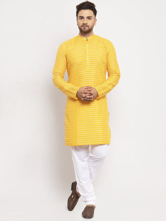 Jompers Men Yellow Woven Design Straight Kurta with Churidar