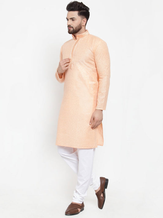 Jompers Men Peach & White Embroidered Kurta Only