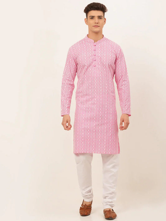 Jompers Men's Pink & White Embroidered Straight Kurta Pyjama Set
