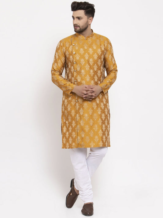 Jompers Men Mustard Yellow & White Jacquard Kurta with Churidar