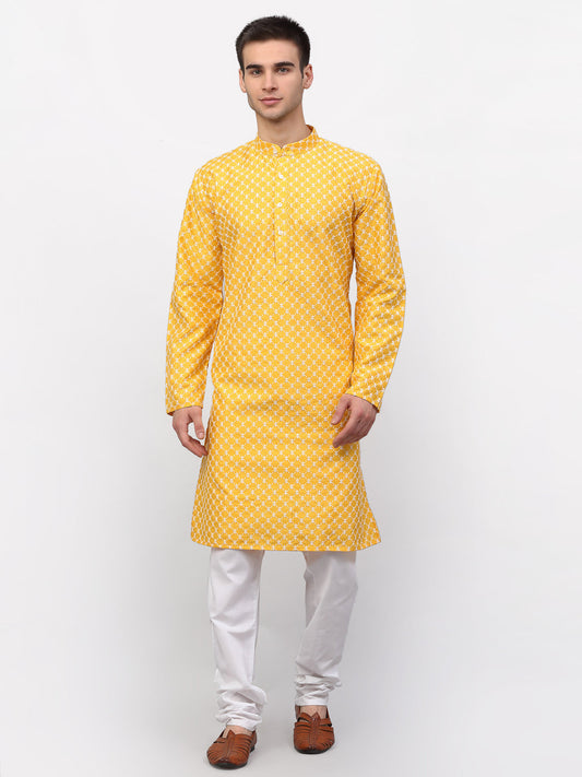 Jompers Men Mustard Chikankari Kurta with Churidar